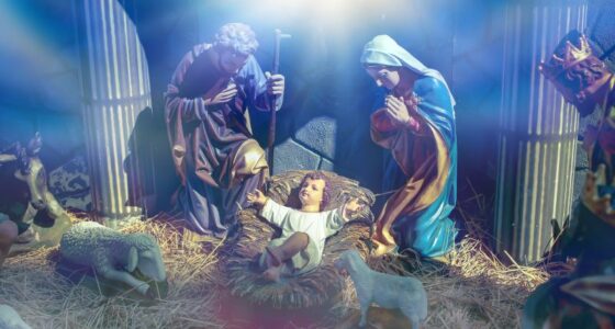 Traditional Christmas scenes and sacred light shining for use in illustration design Nativity scenes with Jesus baby on the manger with carvings, including Jesus, Mary, Joseph, sheep and magi BOŻE NARODZENIE 2023 – życzenia