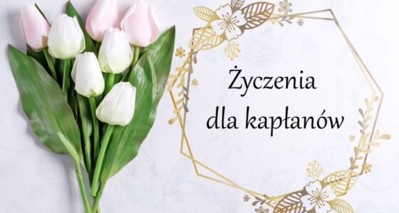 Bouquet spring pastel tulip flowers on stone background, flat lay with copy space Życzenia dla kapłanów